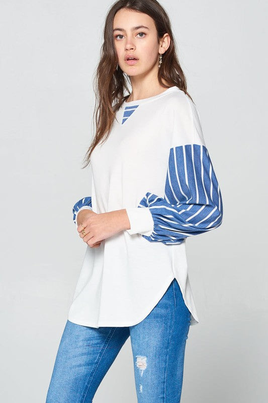 French Terry Striped Long Sleeve Top in Ivory