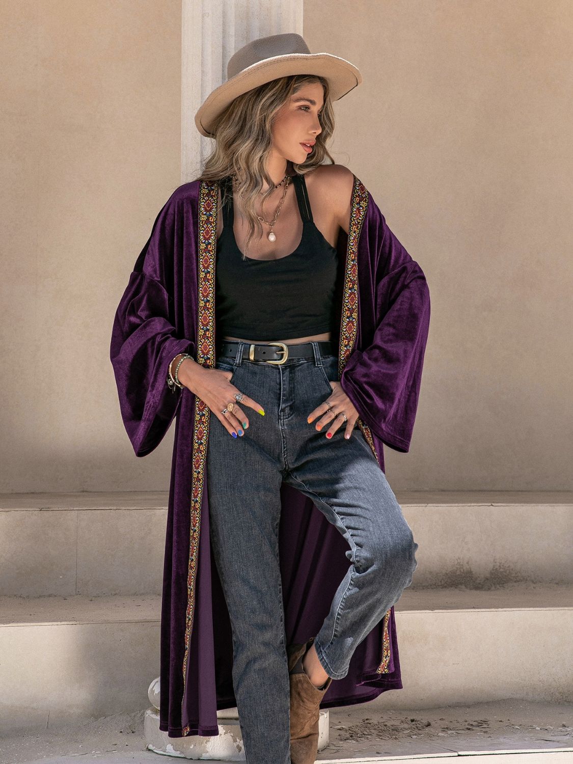 Embroidered Velvet Duster Cardigan in Plum