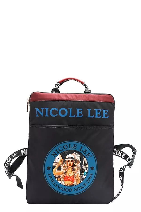 Black backpack with red top and 'Nicole Lee' branding on a white background