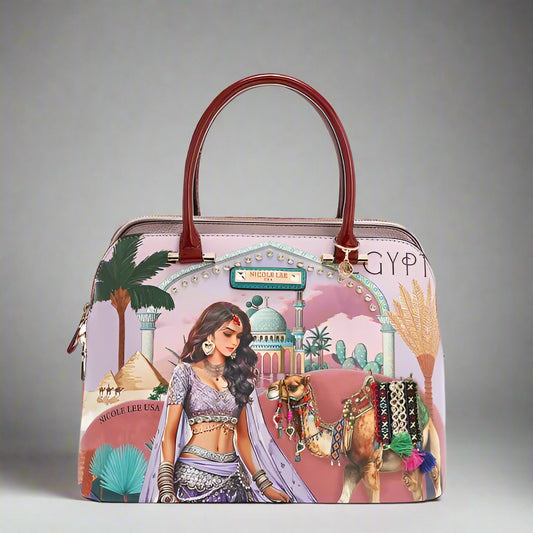 Colorful handbag with a Gypsy design featuring a woman, camel, and palm trees on a white background.
