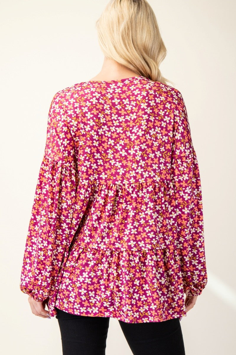 Floral V-Neck Babydoll Blouse in Magenta