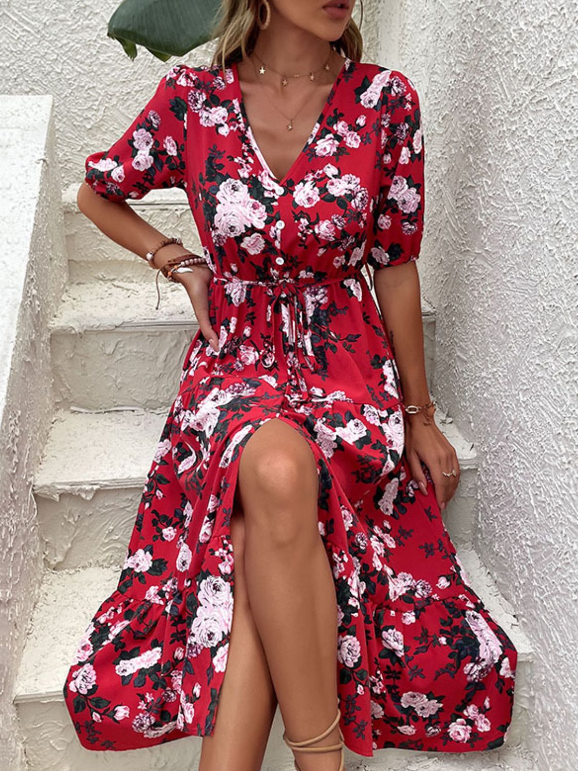 Red Floral Tie-Waist Midi Dress