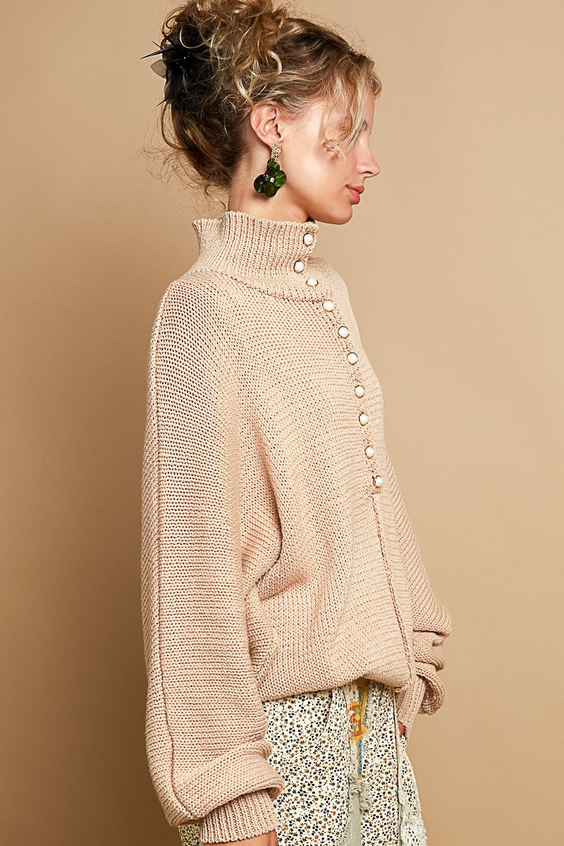 Pearl Button Long Sleeve Turtleneck Sweater in Latte