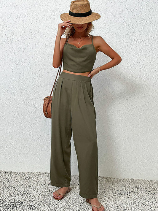 Crisscross Back Cropped Top and Pants Set in Sage