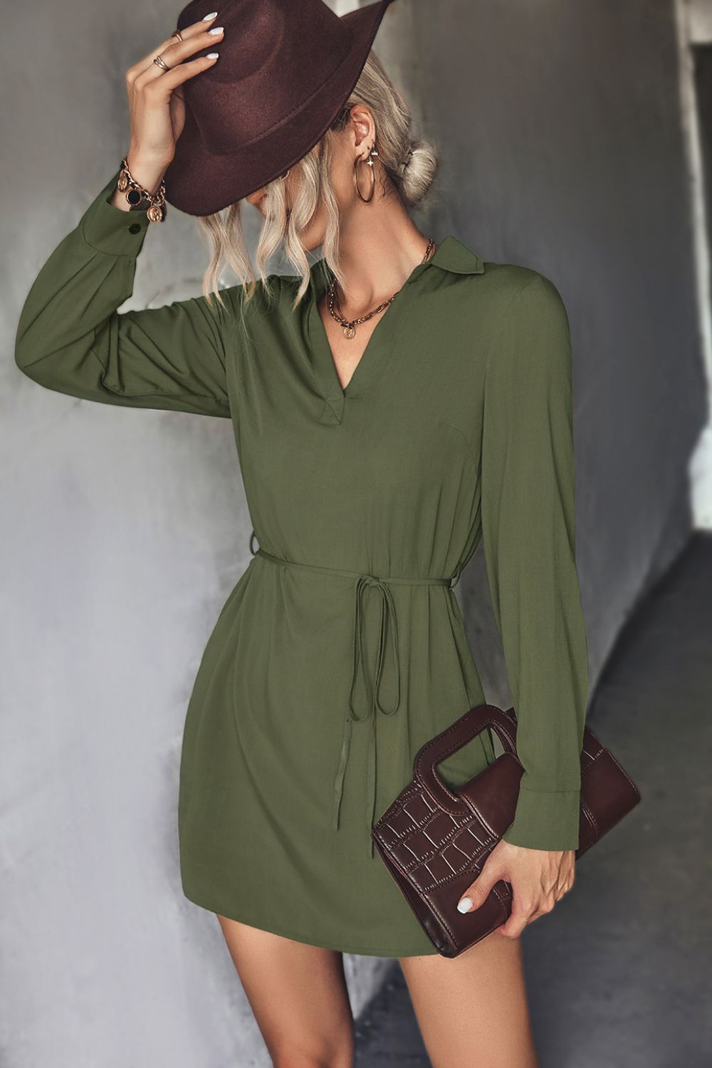 Tie Waist High-Low Hem Mini Shirt Dress