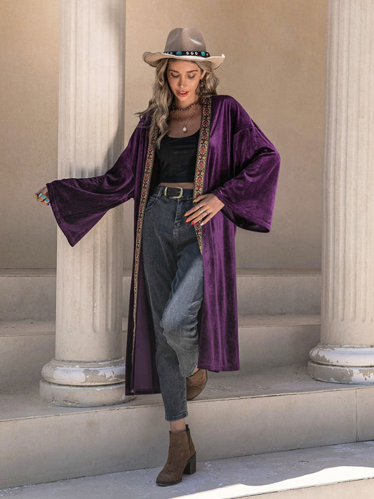 Embroidered Velvet Duster Cardigan in Plum