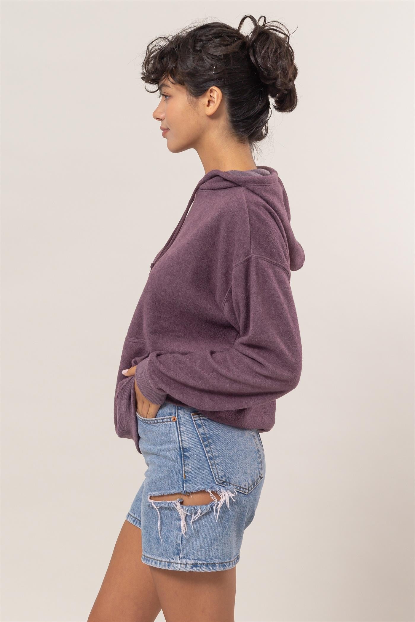 Brushed Long Sleeve Hoodie in Dark Plum