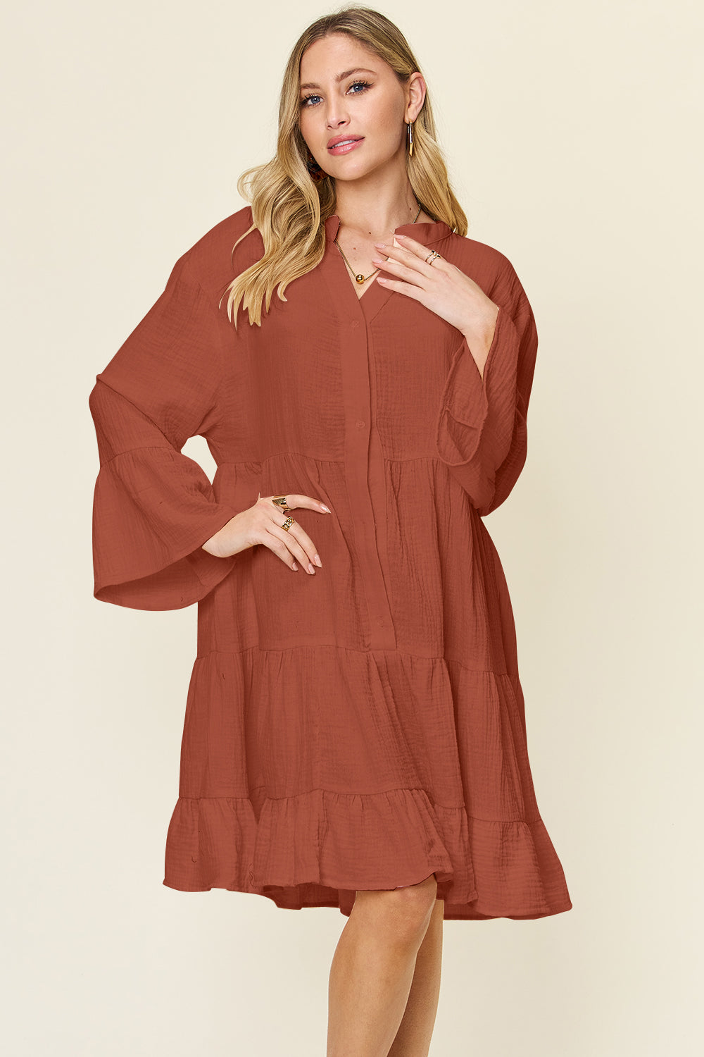 Textured Button Up Ruffle Hem Knee-Length Dress