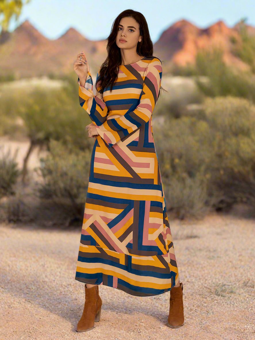 Multicolor Geometric Flare Sleeve Midi Dress