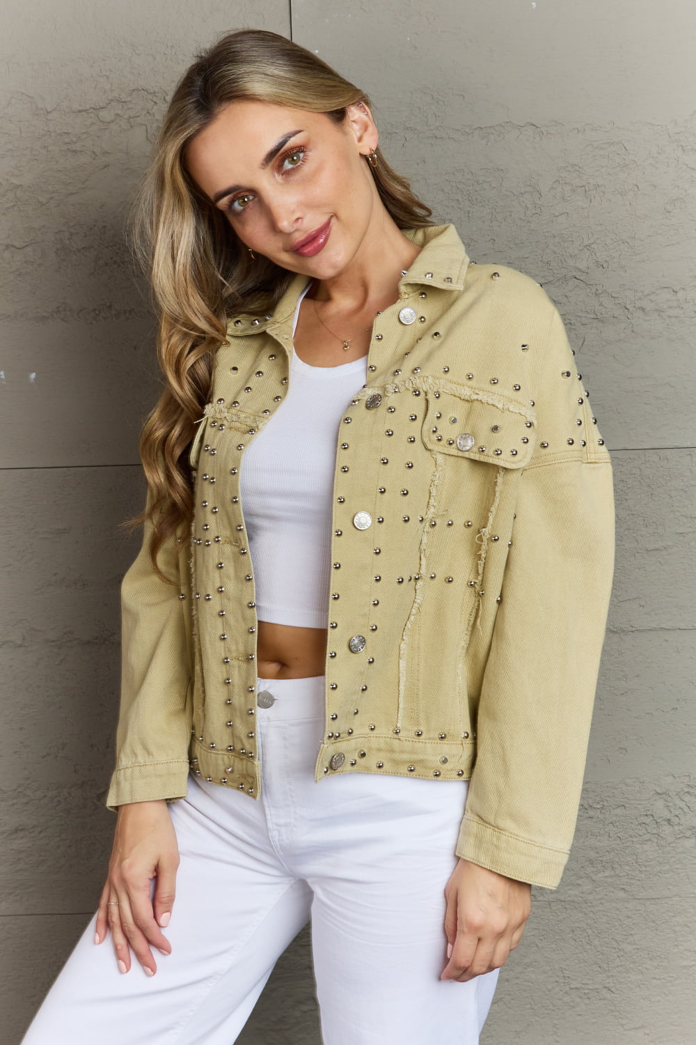 Frayed Trim Rivet Denim Jacket in Khaki