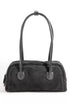 Black handbag with a strap on a white background
