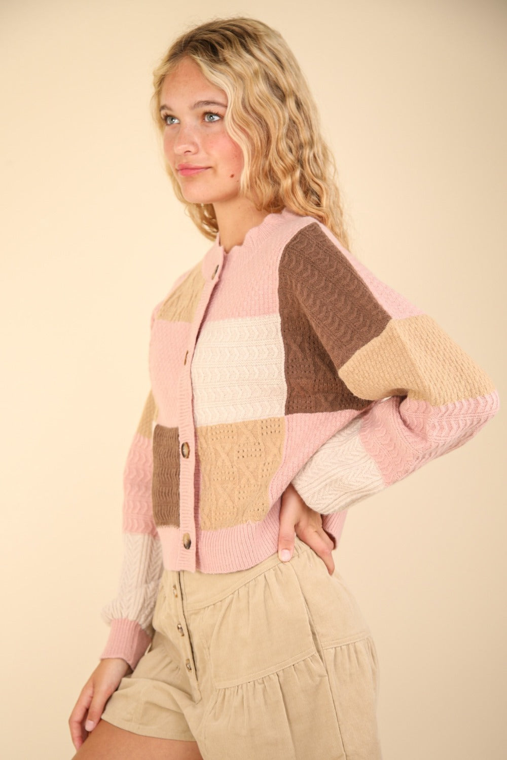 Color Block Button Down Textured Cardigan in Blush