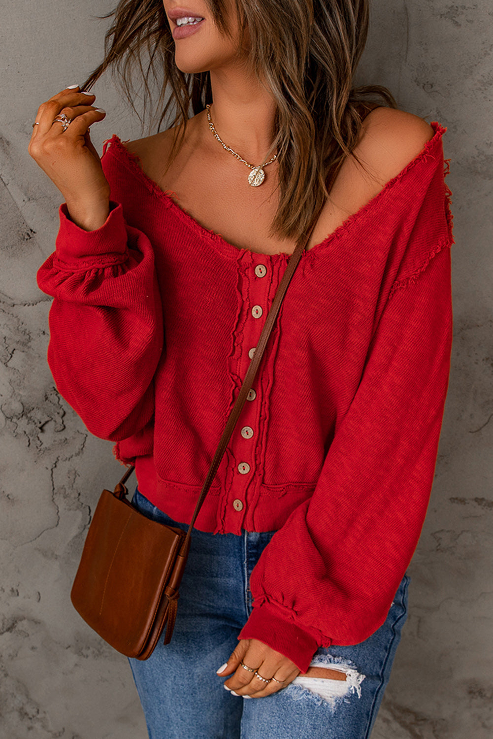 Red Button Front Frayed Trim Knit Top