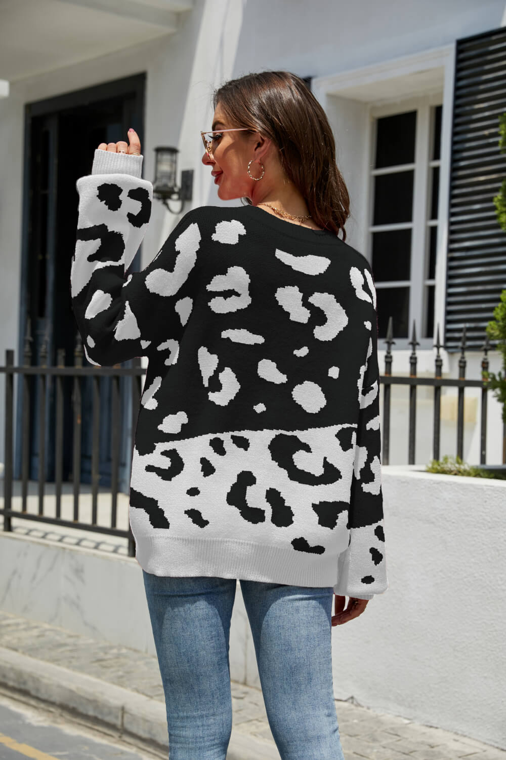 Leopard Pattern Dropped Shoulder Sweater