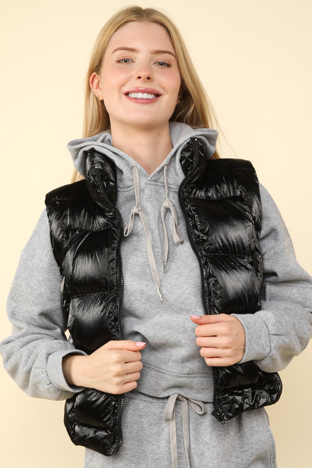 Black Shiny Metallic Zip Up Puffer Vest