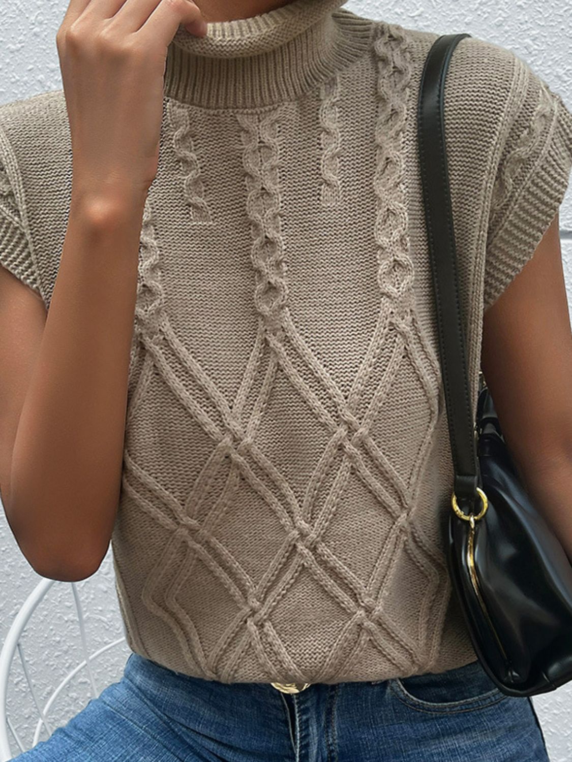 Brown Mixed Knit Turtleneck Sweater Vest