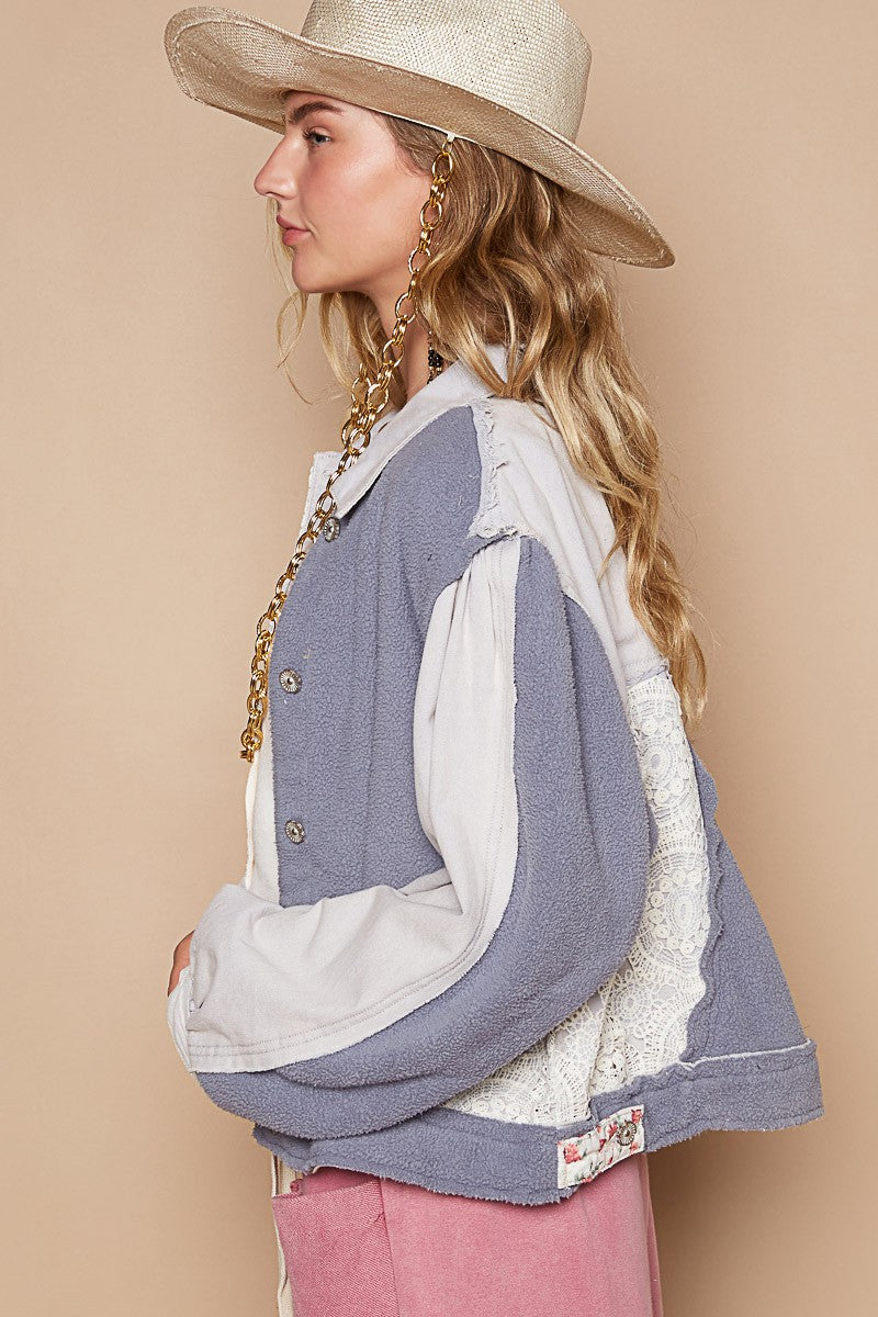 Denim Blue Crochet Patchwork Button Up Jacket