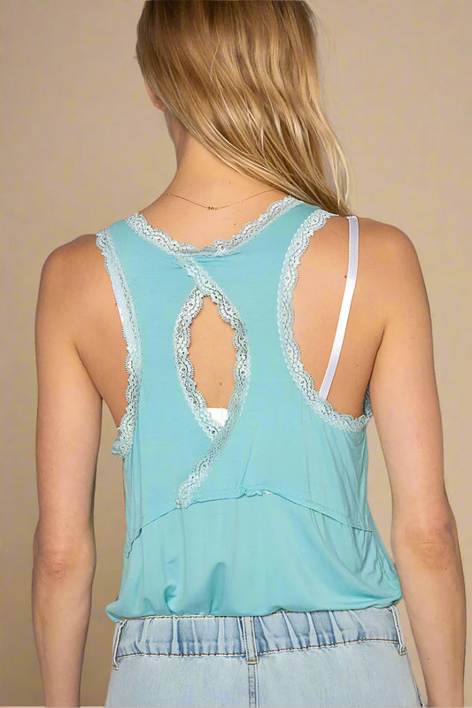 Light blue sleeveless top with lace details on a plain background