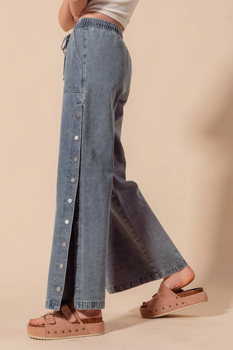 Denim Snap Button Wide Leg Pants