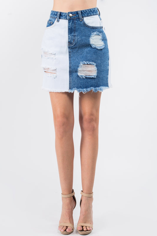 Contrast Distressed Bleached Denim Mini Skirt