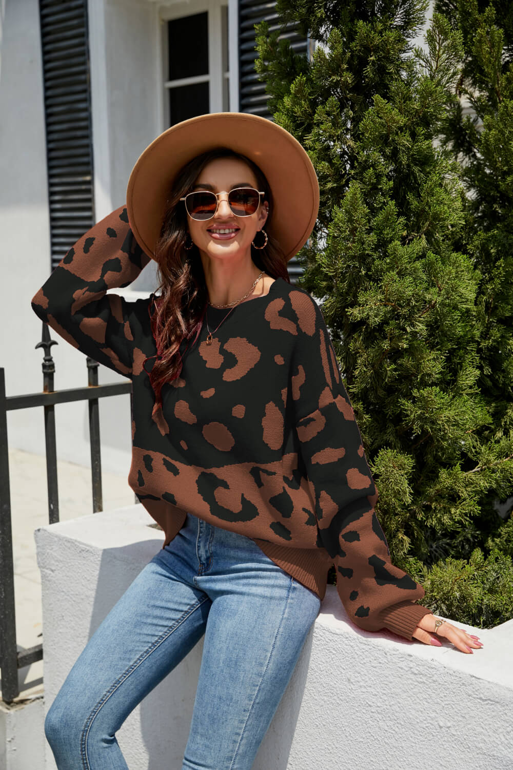 Leopard Pattern Dropped Shoulder Sweater