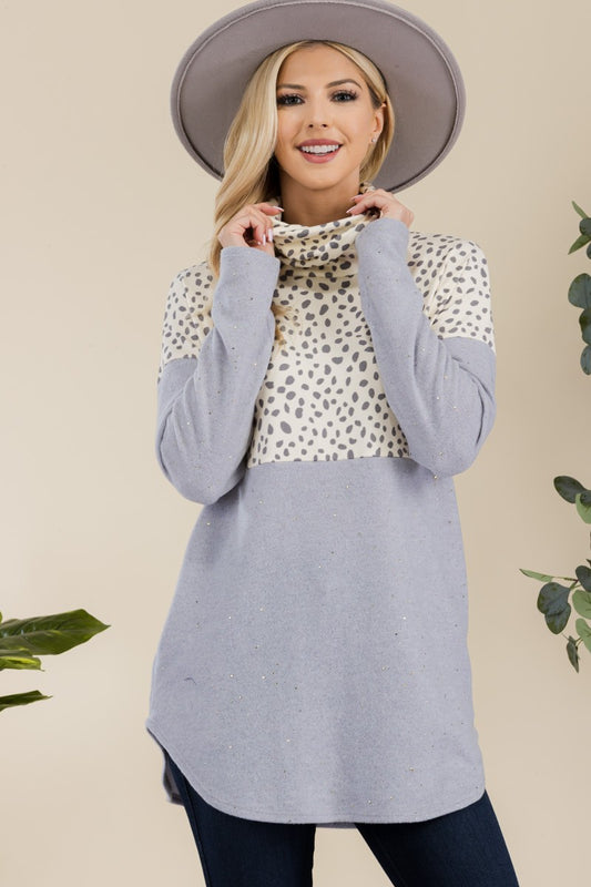 Grey Printed Long Sleeve Turtleneck Blouse