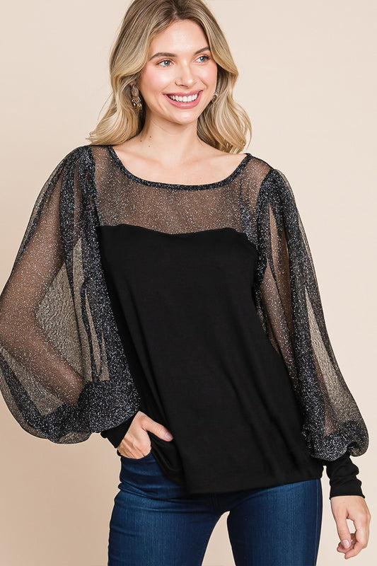 Black Metallic Sheer Lantern Sleeve Blouse