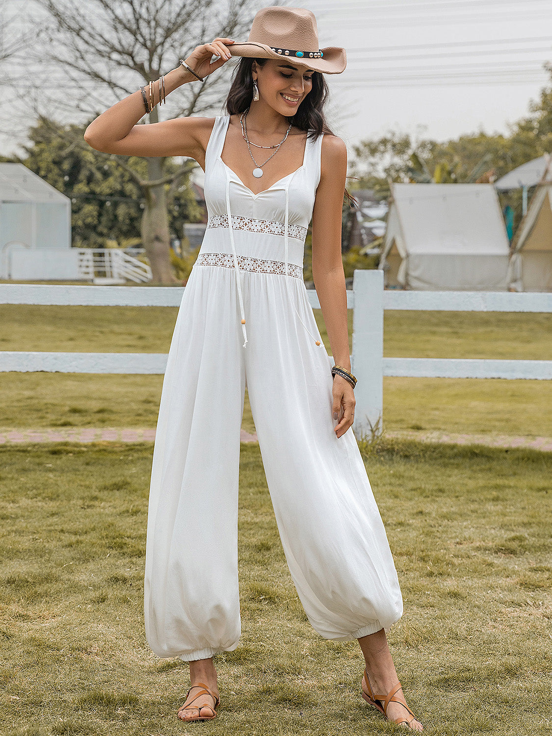 Backless Wide Strap Wide Leg Jumpsuit in White