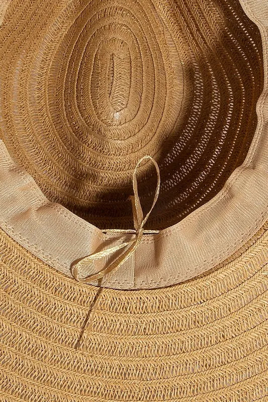 Close-up of a woven straw hat with a ribbon, showing texture and details.