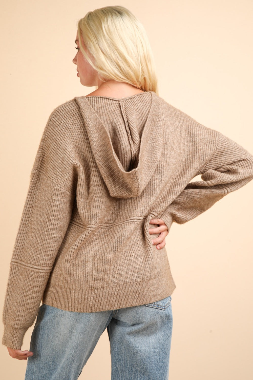 Seam Detail Drop Shoulder Hooded Sweater in Mocha