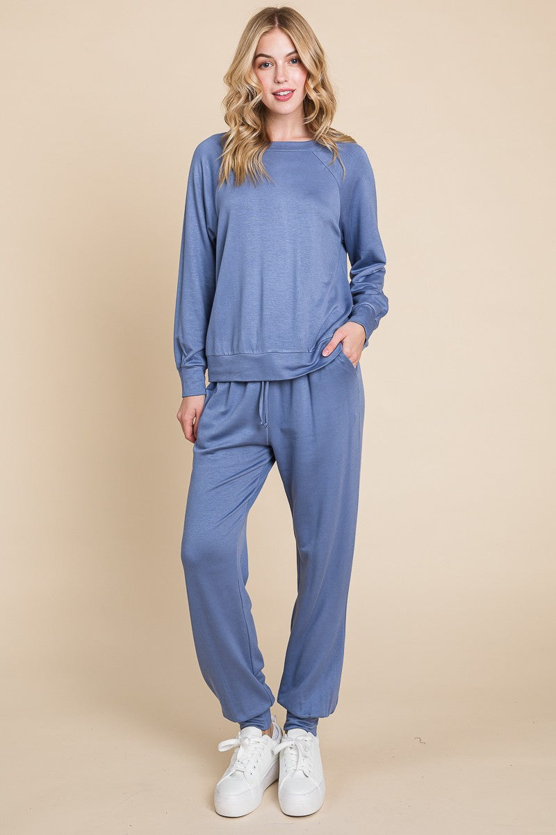 Powder Blue Raglan Sleeve Top & Pants Lounge Set