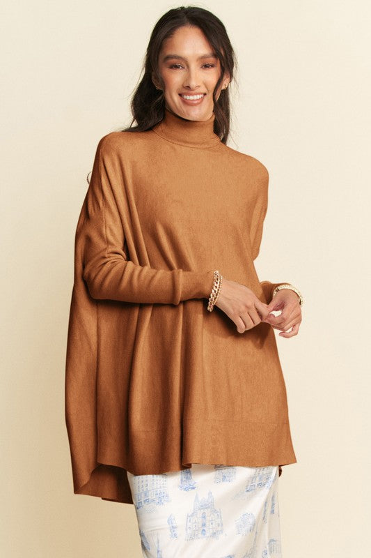 High-Low Hem Knit Turtleneck Top in Caramel