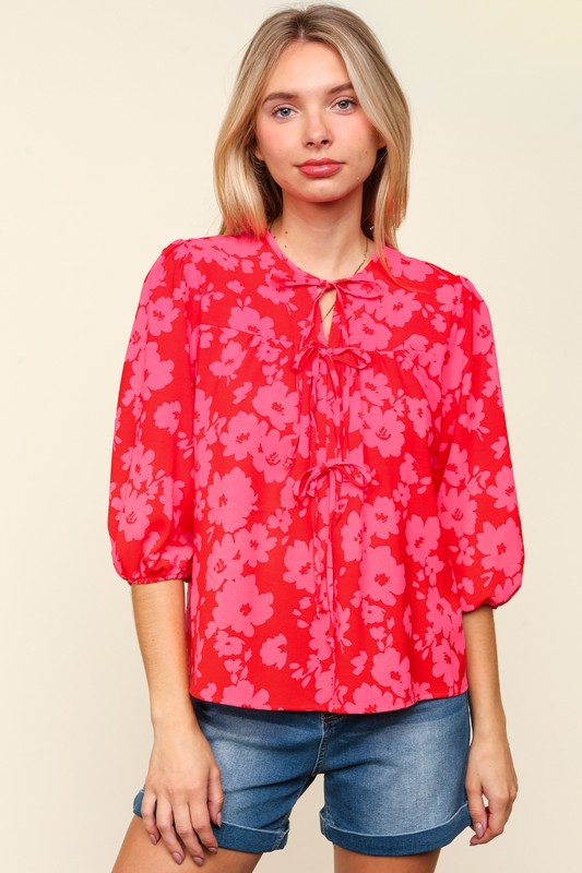 Red & Pink Floral Tie Front Half Sleeve Blouse