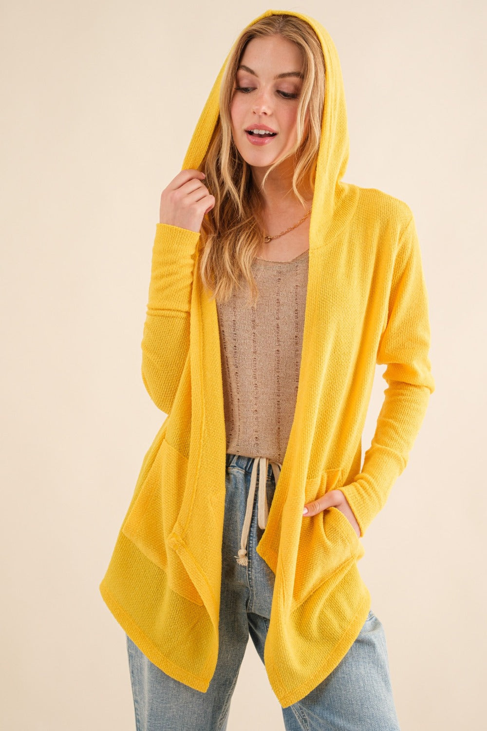 Thermal Hooded Open Front Cardigan in Vivid Yellow