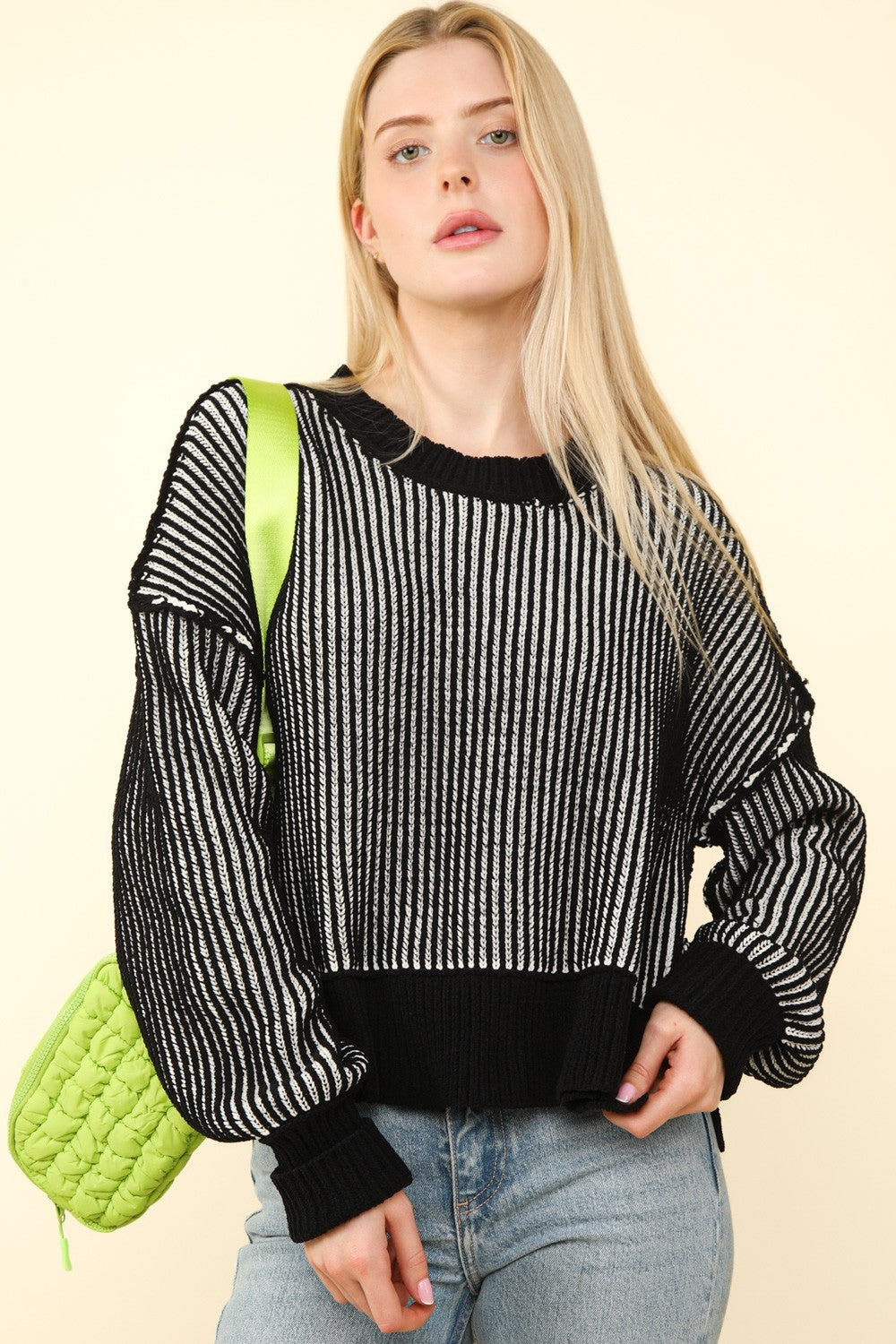 Black Exposed Seams Cropped Striped Sweater