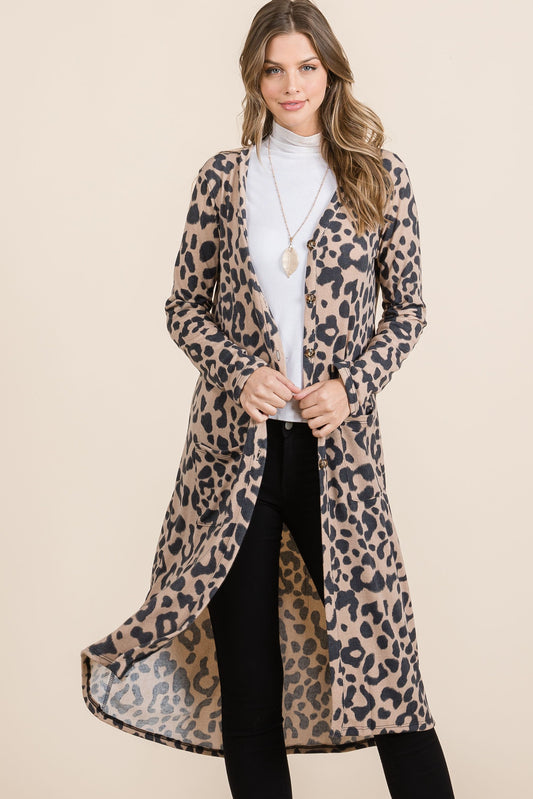 Leopard Print V-Neck Duster Cardigan in Mocha