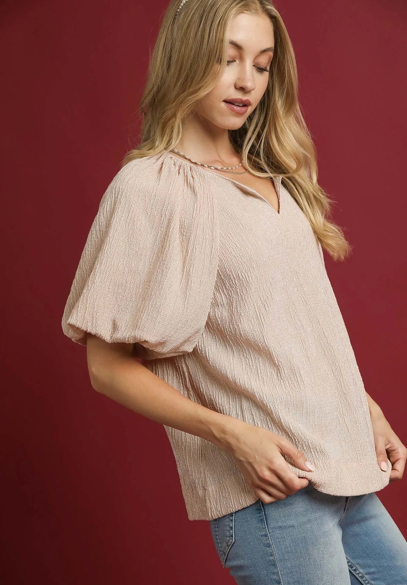 Blush Sand Textured Puff Sleeve Blouse