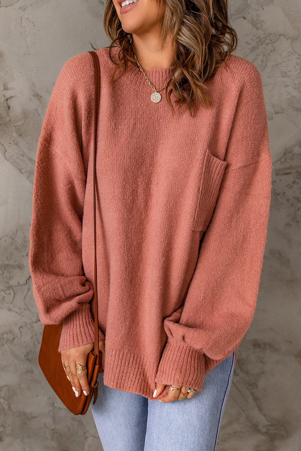 Rib Knit Trim Lantern Sleeve Sweater in Salmon