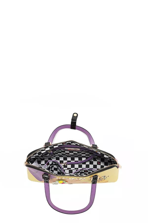 Checkered bag with purple handle on a white background