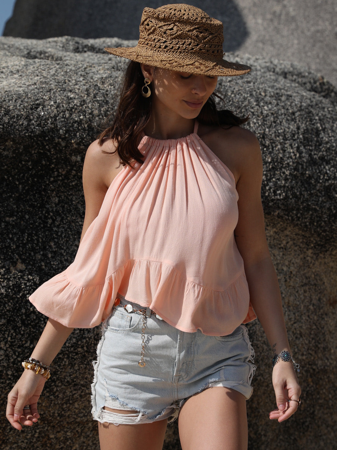 Ruched Peplum Cropped Halter Top in Blush Pink