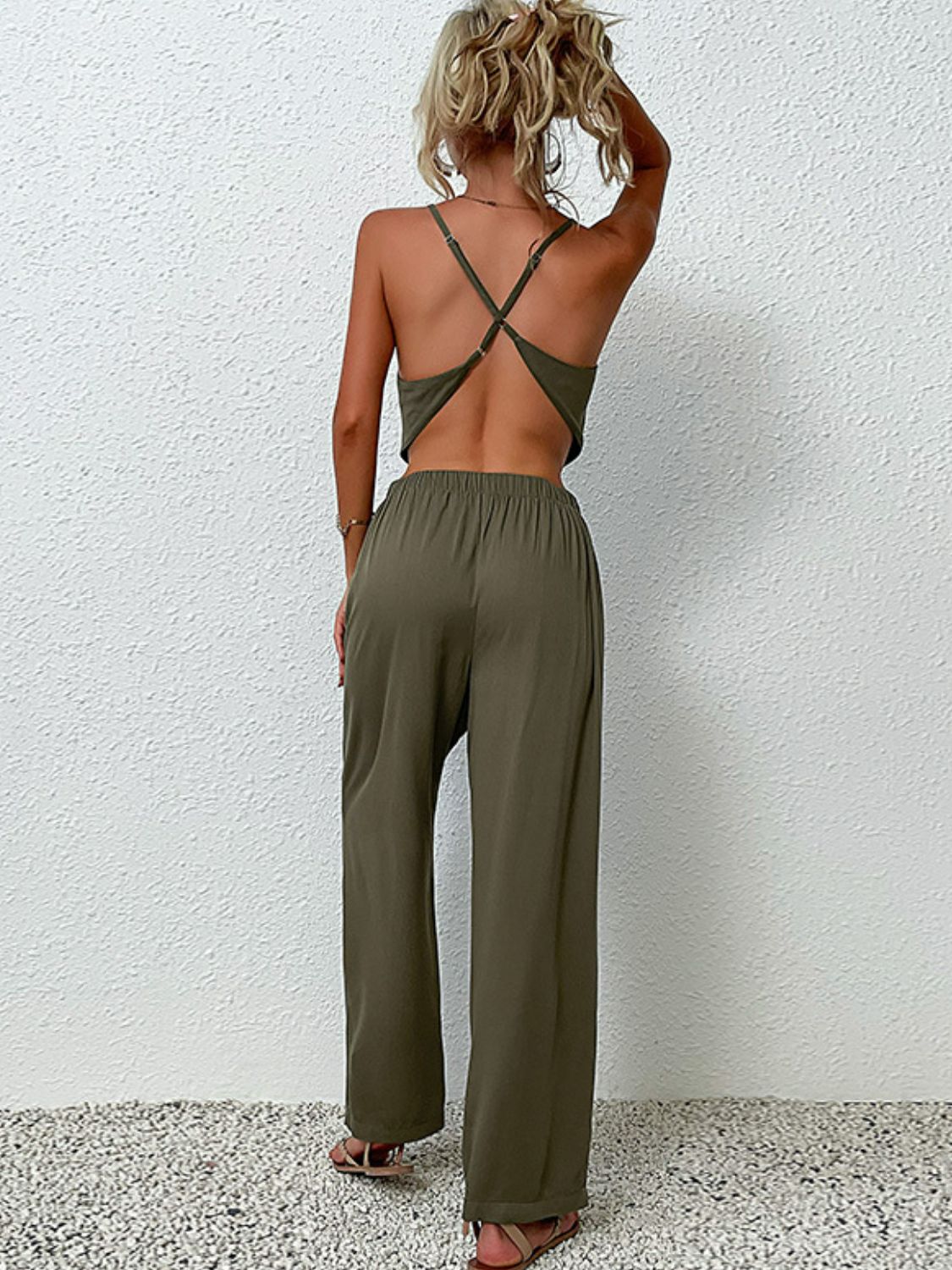 Crisscross Back Cropped Top and Pants Set in Sage