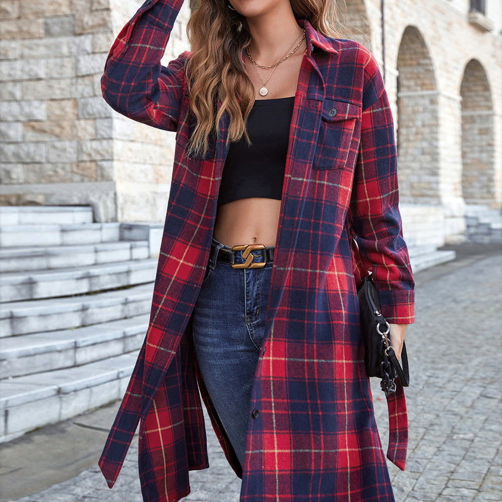 Red Plaid Belted Longline Shirt Jacket