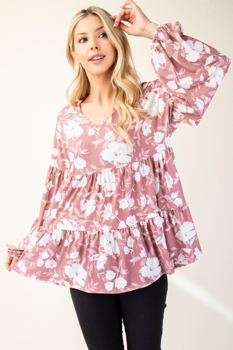 Floral V-Neck Long Sleeve Blouse in Mauve