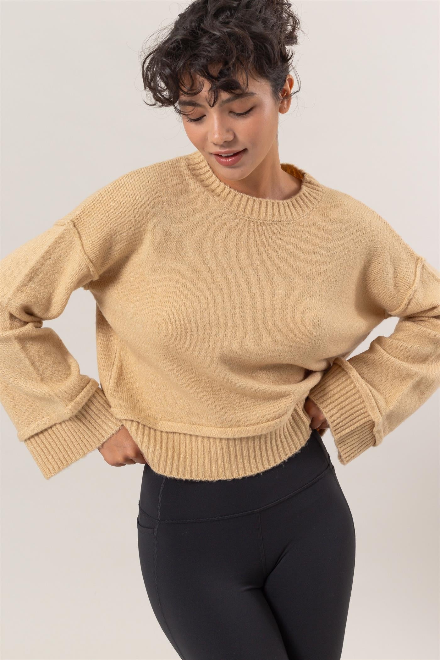 Dropped Shoulder Rib Knit Sweater in Taupe