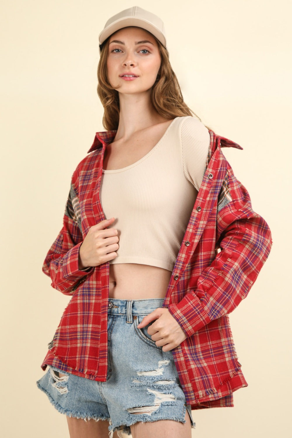 Red Contrast Plaid Raw Seams Shirt