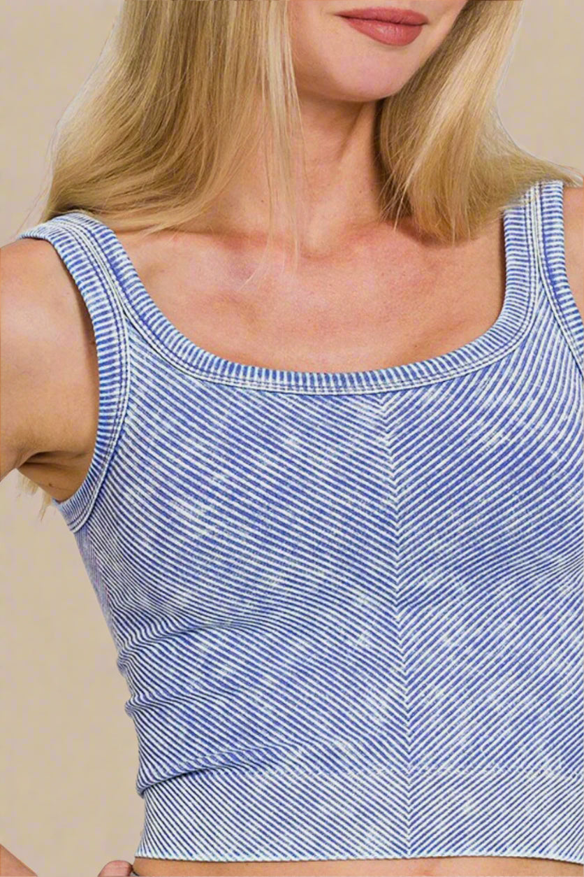 Washed Rib Knit Crop Tank Top in Light Indigo