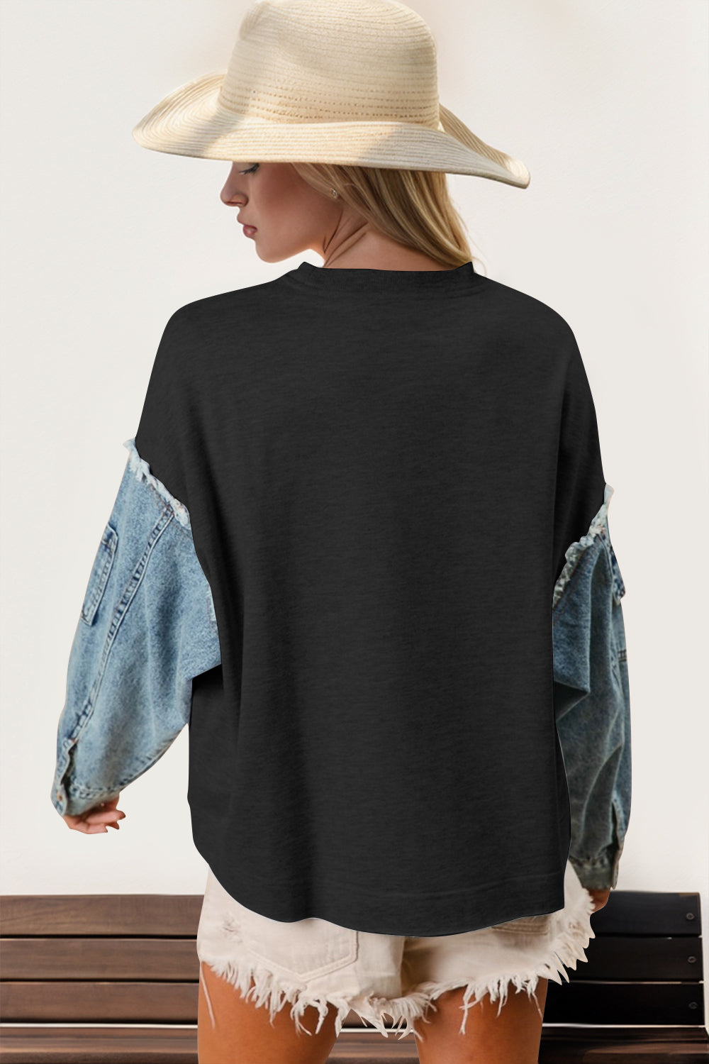 Raw Edge Denim Star Contrast Sweatshirt