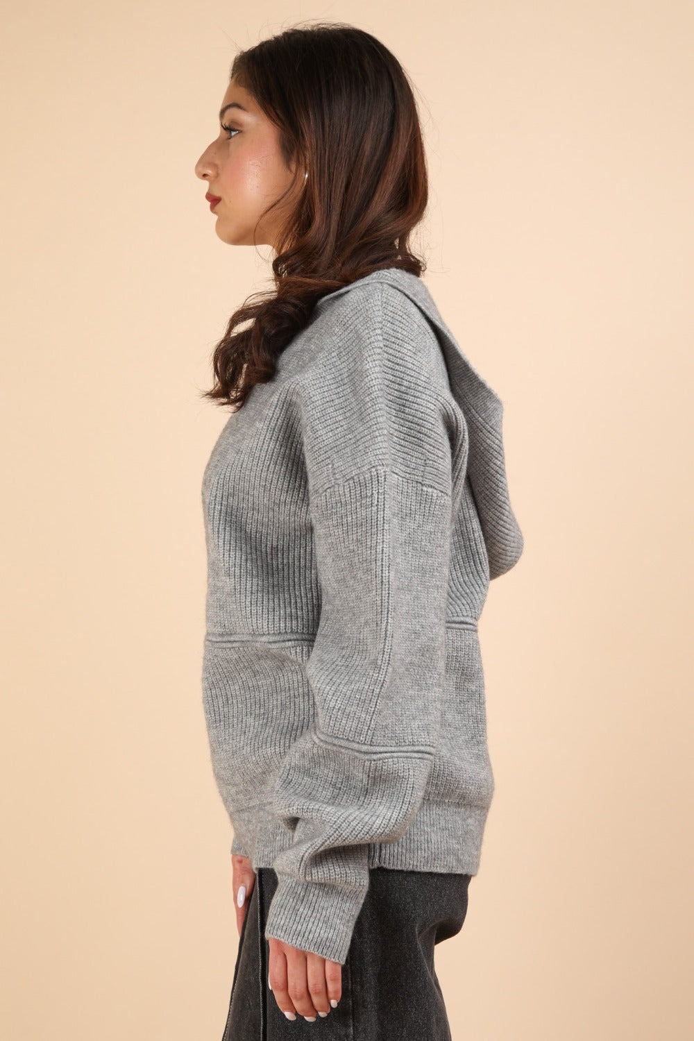 Grey Seam Detail Drop Shoulder Hooded Sweater