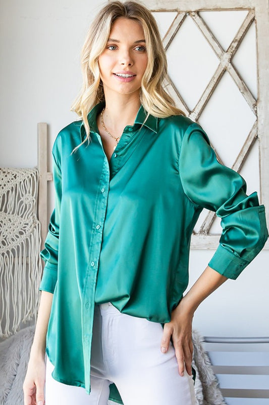 Long Sleeve Button Down Satin Shirt in Hunter Green