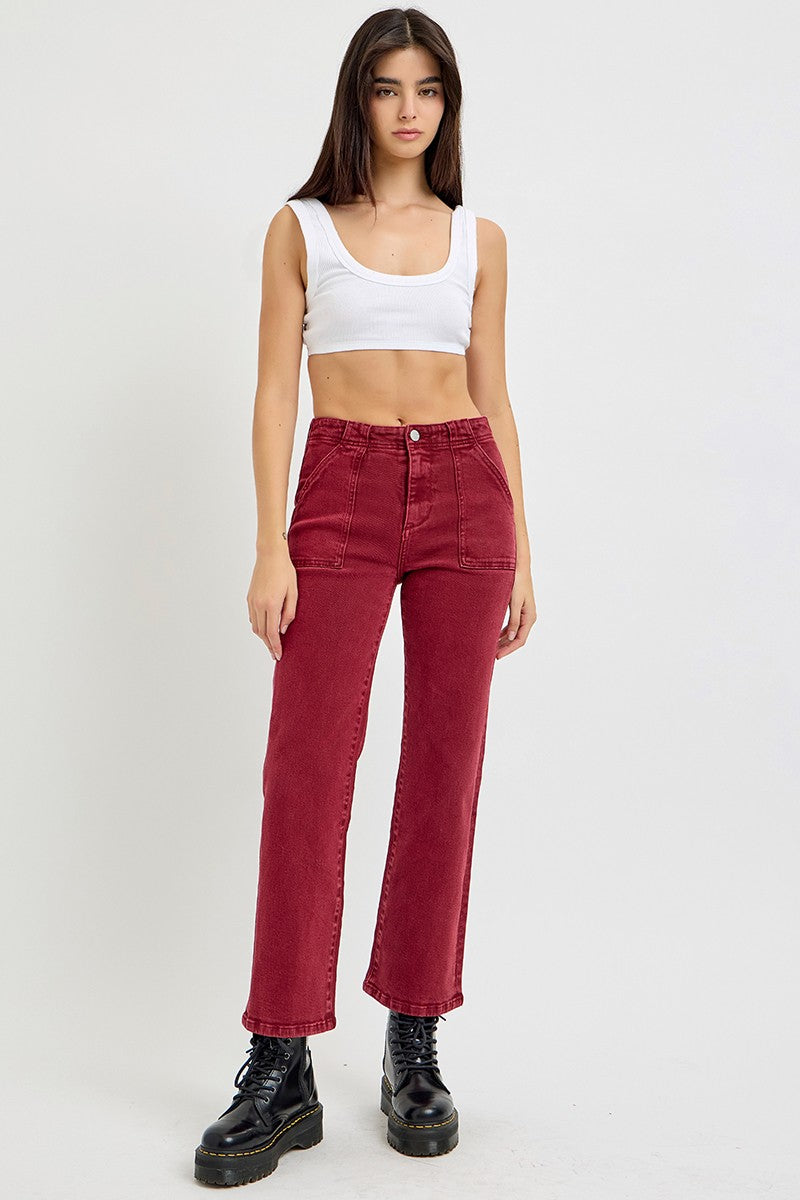 High Rise Straight Leg Jeans in Wine